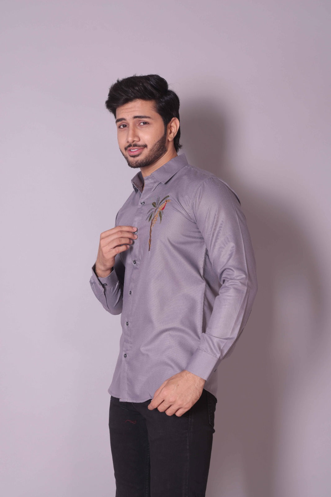 Tropical Embroidered Grey Shirt