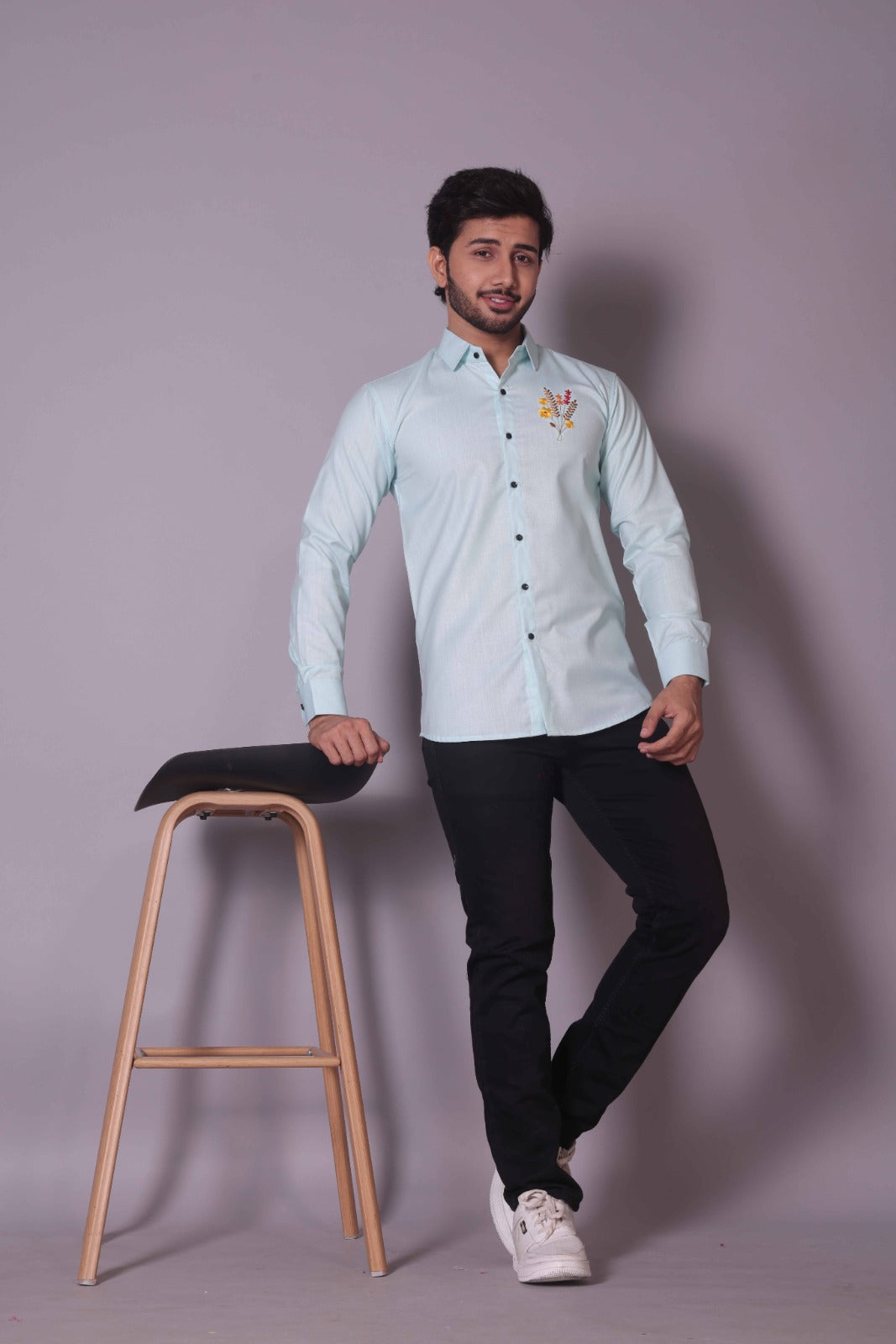 Pastel Blue Floral Embroidered Shirt