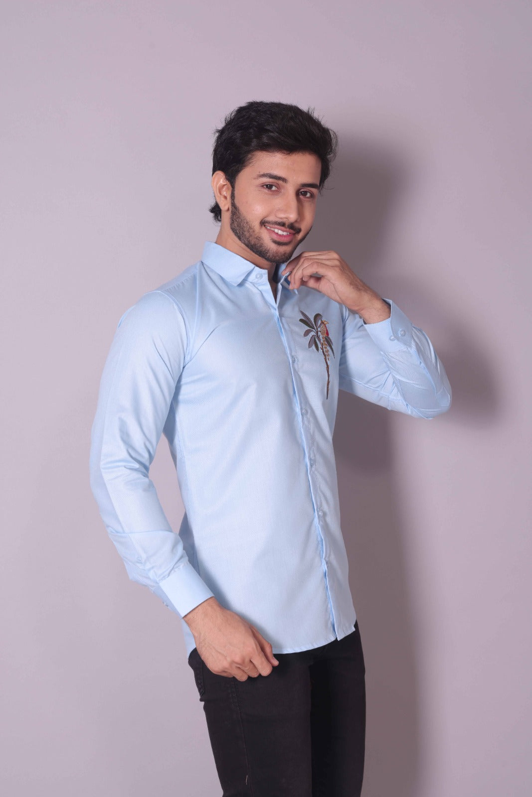 Sky Blue Palm Tree Embroidered Shirt