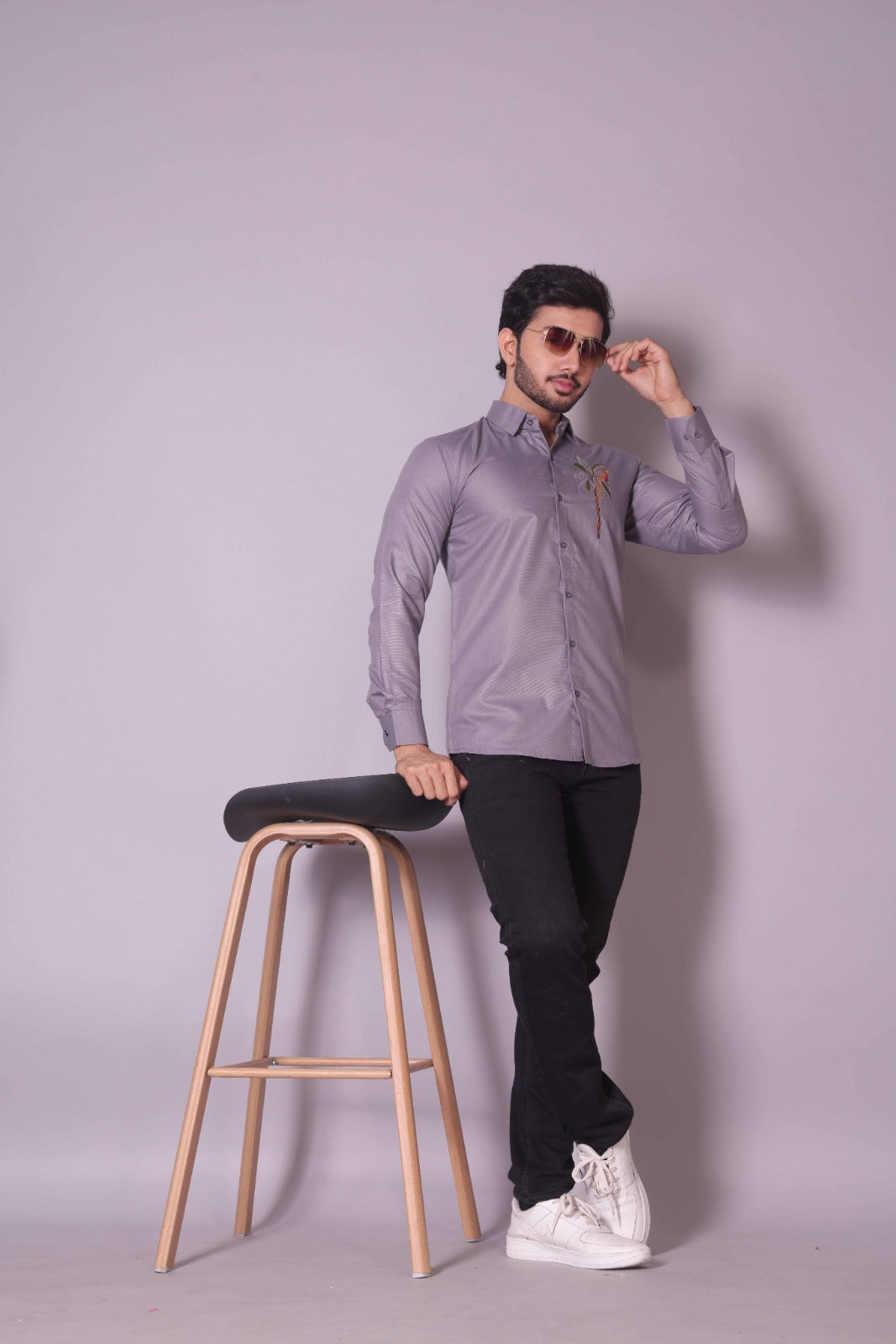 Tropical Embroidered Grey Shirt