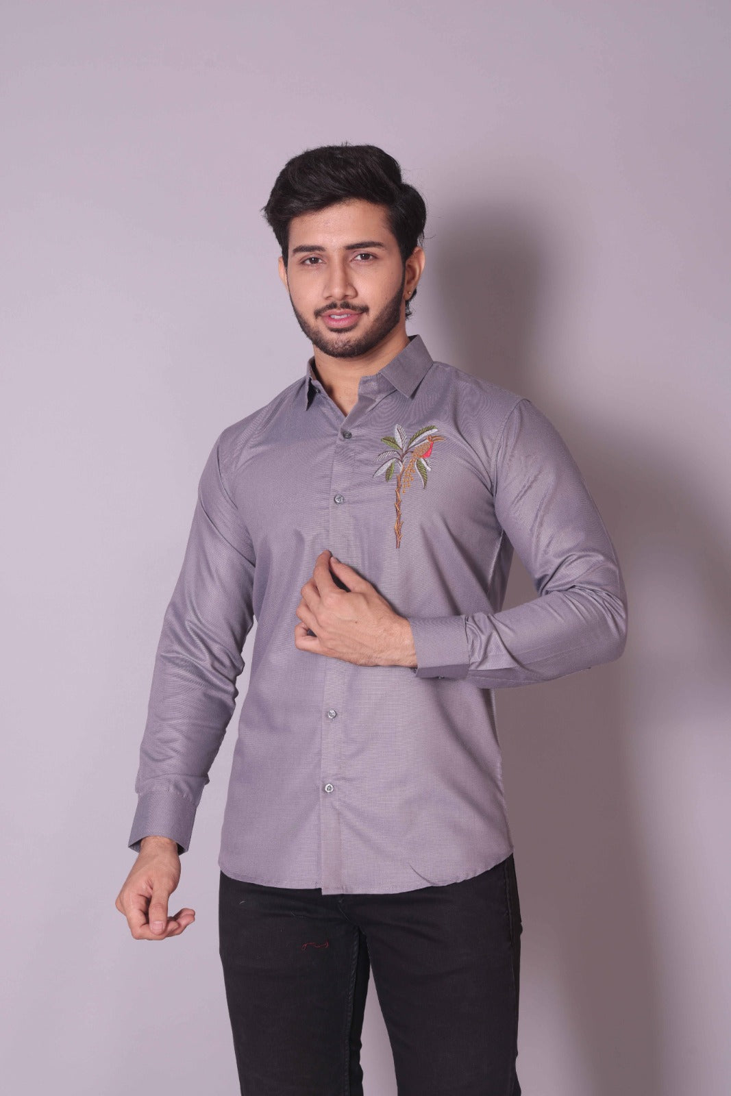 Tropical Embroidered Grey Shirt