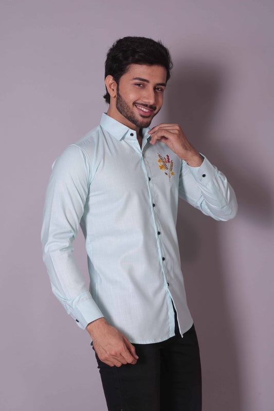 Pastel Blue Floral Embroidered Shirt