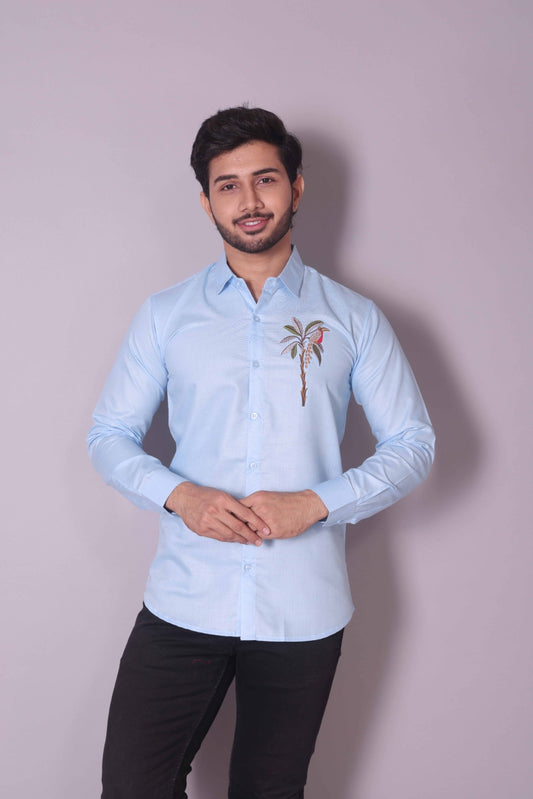 Sky Blue Palm Tree Embroidered Shirt